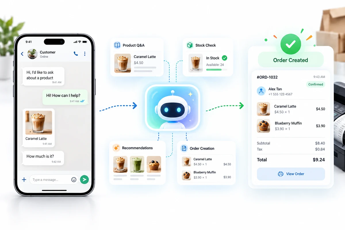 Customer messaging the AI agent, which checks stock and creates an order