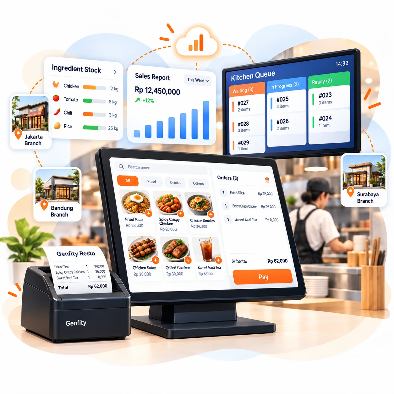 Genfity POS Core dengan kasir, inventaris, kitchen display, dan laporan multi-cabang.