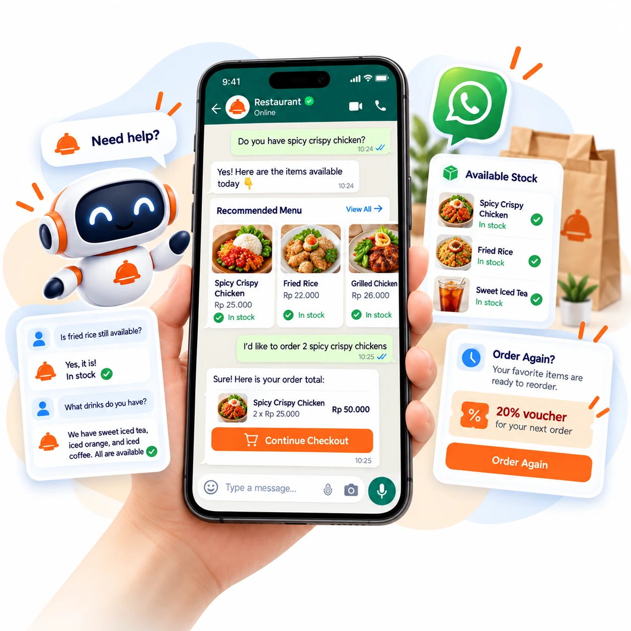 Genfity Sales AI menjawab pertanyaan produk dan merekomendasikan menu yang tersedia melalui WhatsApp.